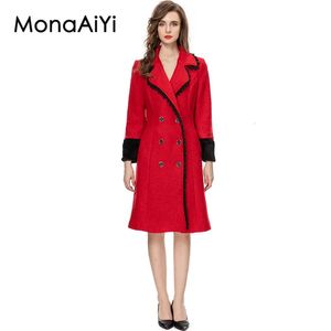 Mélanges de laine pour femmes MonaAiYi créateur de mode automne vêtements d'extérieur femmes revers perlé classique double boutonnage ceinture réglable manteau en laine rouge 231010