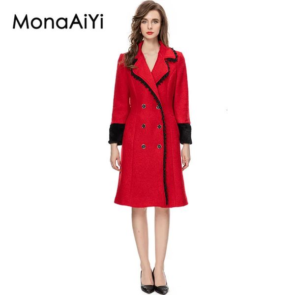 Mezclas de lana para mujer MonaAiYi Diseñador de moda Prendas de abrigo de otoño Solapa con cuentas para mujer Faja ajustable con doble botonadura Abrigo de lana rojo 231010