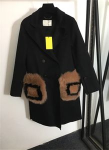 Mélange de laine pour femmes, nouvelle lettre F, poche en fourrure de renard, manteau chaud en peluche, noir