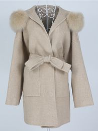 Mélanges de laine pour femmes OFTBUY Oversize lâche mélanges de laine de cachemire manteau de fourrure véritable veste d'hiver femmes col de fourrure naturelle capuche ceinture de survêtement 230130