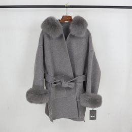Dameswolmengsels oftbuy Real Bur Coat Winter Jacket vrouwen natuurlijke kraag manchetten Hood Kasjmier en oversized dames Outerwear 221123