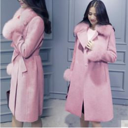 Mélange de laine pour femmes, manteau en laine rose gris, coupe-vent à col en fourrure avec boucle épaississant, veste de tempérament ample pour femmes