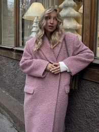 Mélanges de laine pour femmes, revers en laine d'agneau rose, manteau Long élégant à manches longues, bouton unique, surdimensionné, ample, pardessus 2023 automne hiver Chic Streetwear 231218