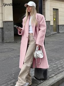 Laine des femmes mélanges rose revers laine pardessus pour les femmes automne solide col à manches longues Maxi manteaux 2023 dame chaud vêtements d'extérieur vestes 231006