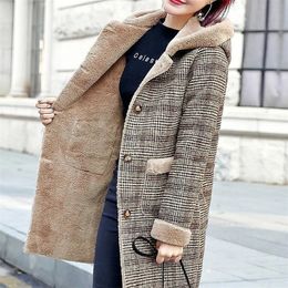 Dameswol Blends Plaid Coat Thic Velvet Dikke Warm Middenlengte Jassen Hooded en Coat Ladies Winterjack Faux Fur 221201