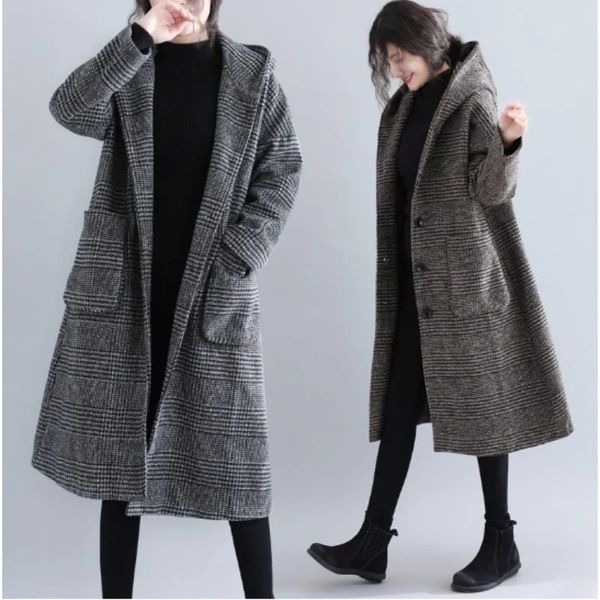 Laine des femmes mélanges Plaid Trench manteau en laine pour les femmes hiver manteaux amples avec une capuche mode épaissir chaud décontracté bouton vestes surdimensionnées 231113