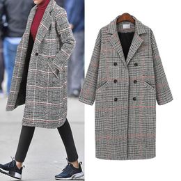 Manteau à carreaux en mélange de laine pour femme, grande taille, veste à Double boutonnage, manteaux longs et amples, hiver