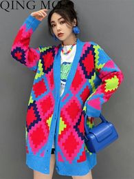 Mélanges de laine pour femmes Qing Mo Femmes Couleur Impression Âge Réduction Pull Lâche Sauvage Cardigan Tricot Col V 2023 Automne Hiver LHX1574A 231011
