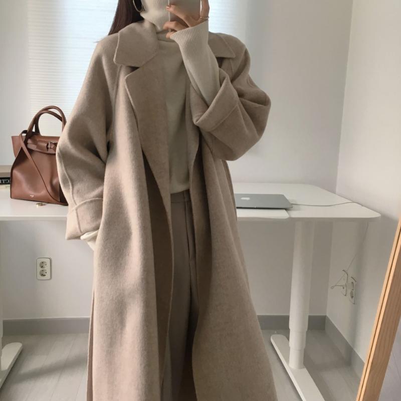 Women Elegant Long Wool Coat With Belt Solid Color Sleeve Chic Outerwear Autumn Winter Ladies Overcoat