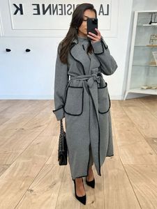 Mélanges de laine pour femmes matelassé Long Trench-Coat pour femmes gris ceinturé point ouvert pardessus mode Streetwear vestes 2023 231110