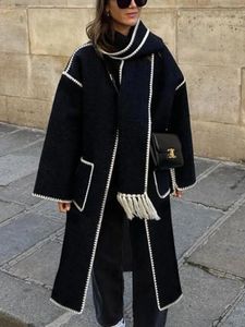 Mélanges de laine pour femmes RDMQ femmes mode broderie laine chaud longs manteaux avec écharpe poche pardessus femme élégante dame Chic rue vêtements d'extérieur 231116