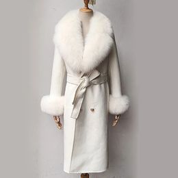 Femmes laine mélanges réel col de fourrure femmes longue mélangé manteau manches avec manchette mode mince femme hiver cachemire veste 231120