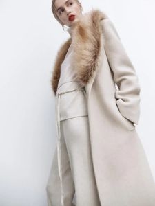 Mélanges de laine pour femmes RR1534 Beige détaché grand col en fausse fourrure manteaux X longs vestes d'hiver en vrac ceinture nouée à la taille vêtements d'extérieur 231023