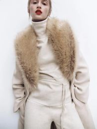 Mélanges de laine pour femmes RR1534, grands manteaux à col en fausse fourrure détachés, veste d'hiver longue et ample, ceinture nouée à la taille, vêtements d'extérieur 231118