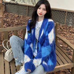 Mélanges de laine pour femmes S3XL Cardigan Femmes Baggy Pulls à panneaux Argyle Harajuku Doux Tricots Vintage Esthétique Streetwear Cosy 231012