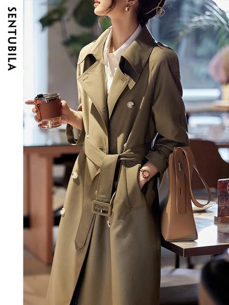 Mélanges de laine pour femmes Sentubila mi-longueur Double boutonnage Trench manteau femmes de luxe printemps automne veste élégante femme Maillard vêtements d'extérieur 131F345 231220