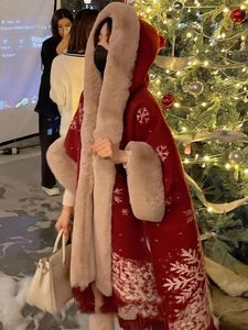 Dameswol Blends Snowflake Elk Ladyies Wollen mantel Fake Fur lapwork Side Split Tassel Kerstfeest Winter Warm Hooded Long Cloak Coats 231214