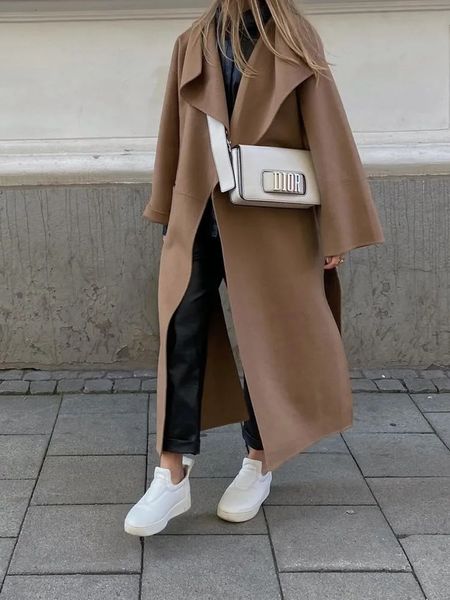 Mélange de laine pour femmes, manteau Long fendu, Cardigan à revers solide, manteau Maxi, manches d'automne, vêtements d'extérieur Chic de rue pour dames, 2023 231027