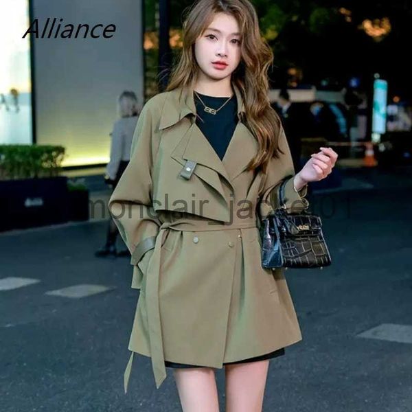 Mélanges de laine pour femmes printemps et automne femmes mi-longueur Trench manteau Commute mode Frenulum veste mince petit Chap militaire vert coupe-vent femme J230922