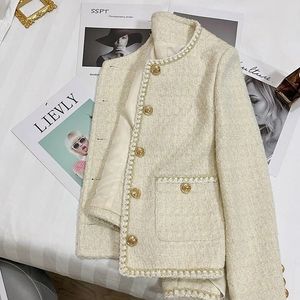 Mélanges de laine pour femmes printemps automne vestes pour femmes col rond Trench manteaux laine vestes courtes Blazers bureau dame coréenne Tweed veste Overcoa 230905