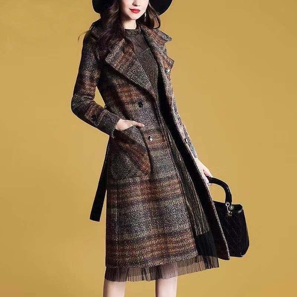 Femmes laine mélanges printemps hiver longues vestes à carreaux pour femmes Slim Trench manteaux manteau genou longueur bureau dame coupe-vent W/h ceinture