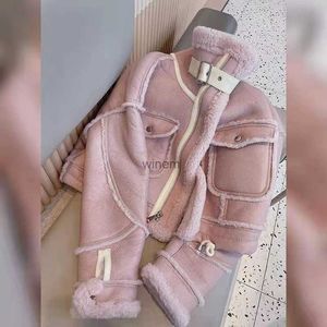 Mezclas de lana para mujer, ropa de calle, chaqueta de piel sintética, abrigo de lana de cordero de cuero de gamuza recortado, abrigo corto de lana con cuello levantado para motocicleta coreana dulce L240112