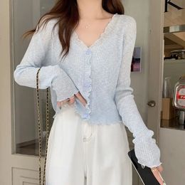 Misturas de lã feminina verão cardigan feminino moda coreana doce decote em v ruched botão manga longa ver através de cardigans cortados 231011