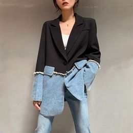 Mélanges de laine pour femmes SuperAen été automne rétro Denim Patchwork noir ample mince cranté complet jolie pochette veste femmes 231101