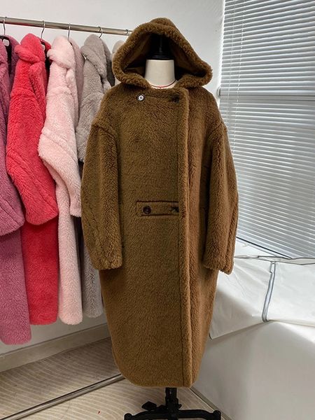 Mélanges de laine pour femmes manteau ours en peluche vêtements d'hiver pour femmes Plus velours fausse fourrure manteau de laine à capuche longue Parkas femme chaude veste surdimensionnée manteau de fourrure 231127