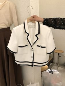 Dameswol Blends Temperament Koreaanse Tweed Wit Wit Korte Mouw Jacket MAANS Summer Slim Black Suits Woollen Cardigan Top 221123