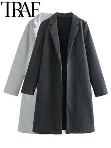 Mélanges de laine pour femmes TRAF Automne Hiver Femmes Pardessus Y2K 2023 Épais À Manches Longues Ouvert Avant Veste Lâche Femme Trench Manteau Gris Blanc Outwear 230926