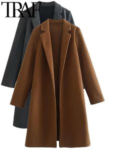 Mélanges de laine pour femmes TRAF Camel couleur automne femmes pardessus à manches longues veste ample Vintage Trench manteau vêtements d'extérieur pour femmes chaud Y2K Old Money Style 231102