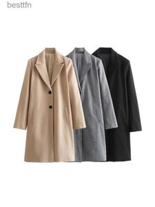 Mélanges de laine pour femmes TRAF gris femmes manteau de laine 2023 hiver à manches longues simple boutonnage X-Long pardessus épais veste Fe coupe-vent L231014