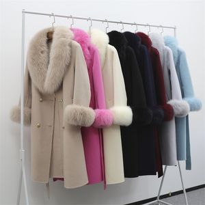 Trench-Coat en mélange de laine pour femme, manteau en laine avec col en vraie fourrure, élégant, ceinture, Double boutonnage, veste d'hiver pour femme, 231113