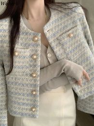 Damen Wollmischungen Tweed Gestreifte Jacken für Frauen Ropa Temperament Tunika Vintage Koreanischer Mantel Damenkleidung Herbst Winter Grundjacken Ele 230927