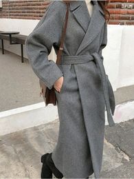 Mélanges de laine pour femmes Vintage mode coréenne manteau de laine pour femmes décontracté vêtements amples à lacets Long pardessus femme hiver Chic vestes vêtements 231218
