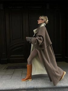 Femmes laine mélanges Vintage revers Double face Long manteau femmes automne hiver élégant manches veste 2023 femme mode rue pardessus 231120