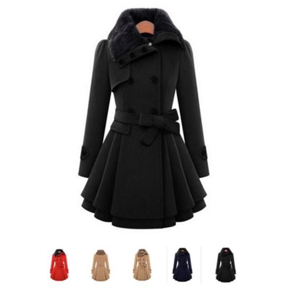 Mezclas De Lana Para Mujer Abrigo De Lana Largo Rojo Vintage Mujer Invierno Cuello De Piel Sintética Espesar Abrigo Cálido Moda Elegante Oficina Señora Slim Negro