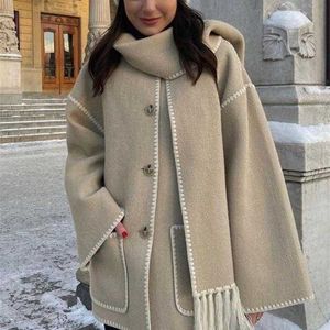 Laine des femmes mélanges Vintage solide manteau de laine pour les femmes 2023 élégant automne simple boutonnage caban avec écharpe femme luxe haute rue vêtements d'extérieur L230927