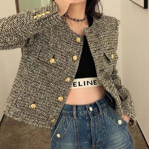 Dames Wolmix Vintage Tweed Jas Dames Franse Ronde Hals Korte Jas Slanke Dames Single Breasted Koreaanse Jas Chique Herfst Lange Mouw Uitloper 230828