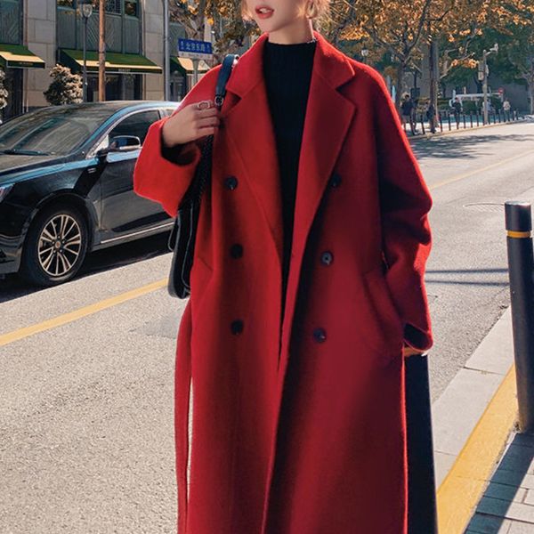 Mélanges de laine pour femmes hiver automne noël rouge noir manteau Long en vrac veste ceinture et pardessus femmes coréennes ourlet fendu Cardigan vêtements d'extérieur 230107
