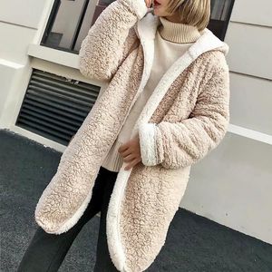 Dameswol Blends Winter Fashion Women Hooded Cardigan Open voorkant lange mouw pluizige fleece fleece jas massief warme bovenkleding trui sweater coatwomen '