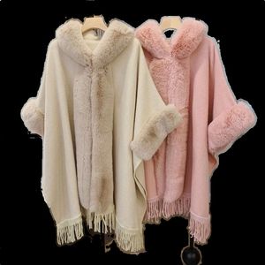 Mélange de laine féminine Hiver Faux Rex Rabbit Fur Coat Cape Femmes Femmes Loose Papin à capuche Cardigan manche Poncho Feminino Inverno 230111