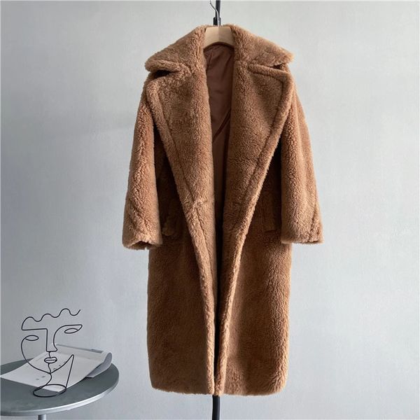 Mélanges de laine pour femmes veste d'hiver femmes Long manteau en cachemire laine tissé tissu épais chaud vêtements d'extérieur surdimensionné mode Streetwear Teddy Bear manteaux 231127