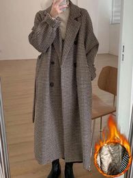 Dameswol Blends Winter Dikke Warm Houndstooth Print Lange Blend Coat 2023 Allmatch Losse single -breasted riem jassen Casual Coats 231110