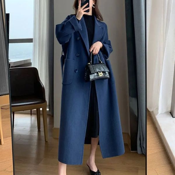 Laine des femmes mélanges hiver Trench manteau pour les femmes mode élégante coréenne décontracté manteau de laine bleu marine à lacets longue veste noir femme manteau avec Blet 231101