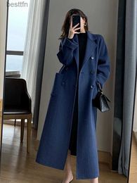 Женская смесовая шерсть, зимнее шерстяное длинное пальто, повседневная женская двубортная куртка из искусственной шерсти, осенняя мода, корейская женская черная одежда NewL231014