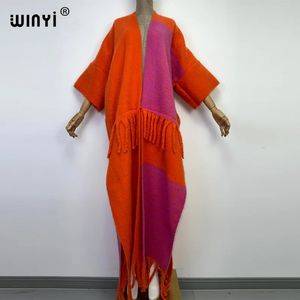Mélanges de laine pour femmes WINYI Afrique hiver femmes gland Cardigan manteau lâche robe de noël robe longue épais chaud taille libre orange impression caftan 231120
