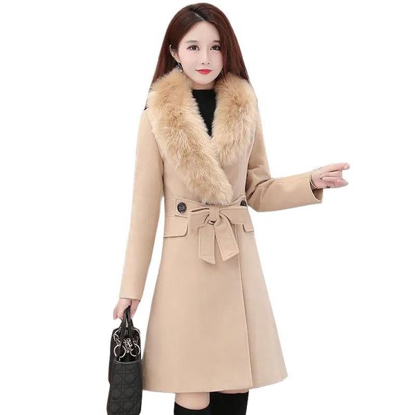 Femmes mélanges de laine femme basique manteaux 2021 veste d'hiver mince double boutonnage grand col de fourrure mi-long manteau de laine femme vêtements d'extérieur Overcoa