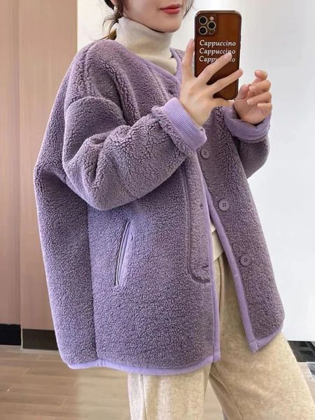 Mélanges de laine pour femmes vêtements pour femmes 2023 automne hiver col en V veste en peluche mode coréenne manteau d'agneau Taro violet solide vestes chaudes 231215